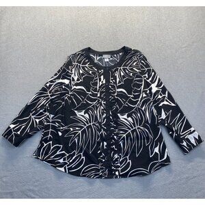 Catherines Top Womens 2X Black Floral Long Sleeve Button Front Plus Scoop Neck
